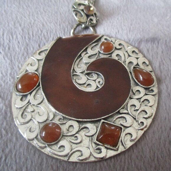 3-Strand Silver Toned Necklace w/ Brown Enamel & Stones - Picture 2 of 6